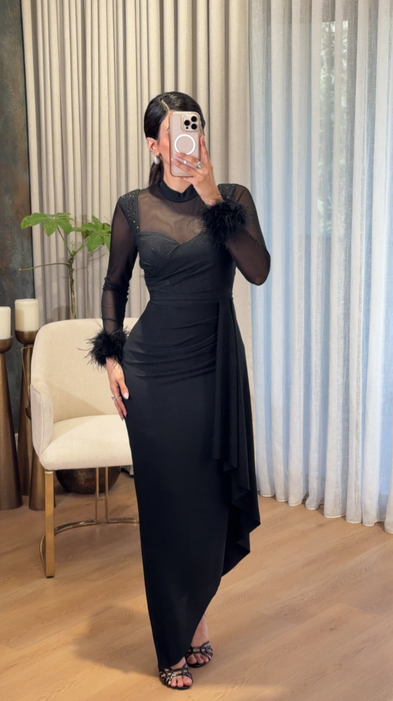 Royal black dress with feathers on the sleeves
