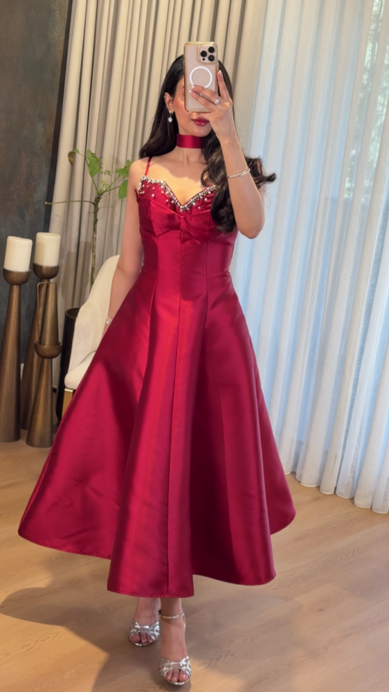 Red dress with luxurious pearl and crystal studs