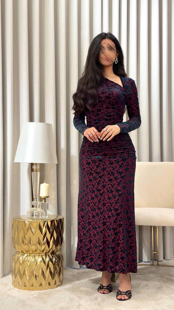 Burgundy Soft Tulle Dress with Dark Velvet Floral Patterns