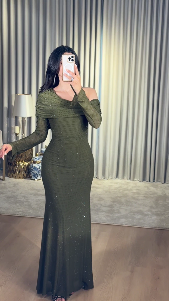 Off-shoulder evening dress, olive with crystals