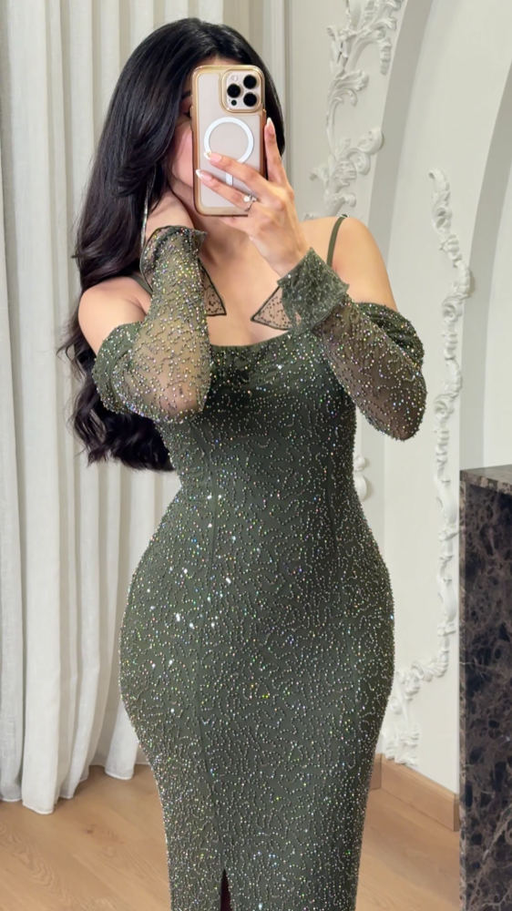 Olive green evening dress with open shoulders