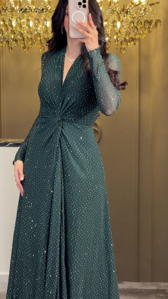 Soft olive tulle dress with scattered crystals