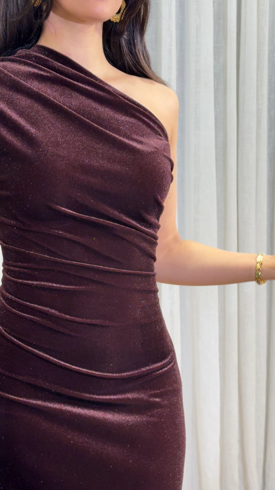 One-shoulder mocha velvet dress