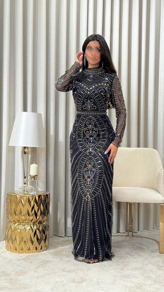 Black Crystal-Embellished Evening Gown with Intricate Geometric Design