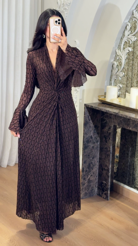Mocha brown dress with luxurious geometric patterns