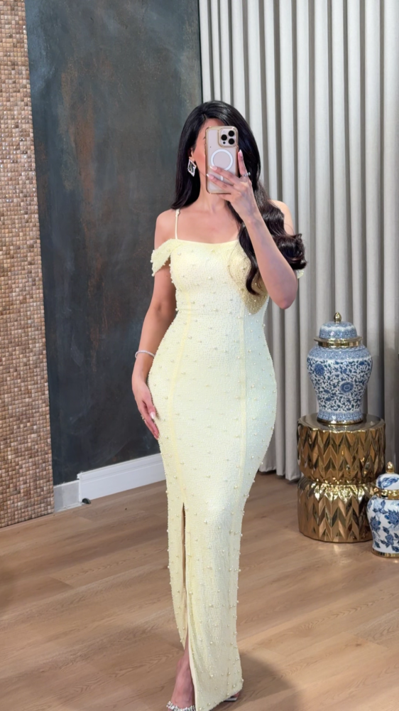 Yellow off-shoulder evening dress