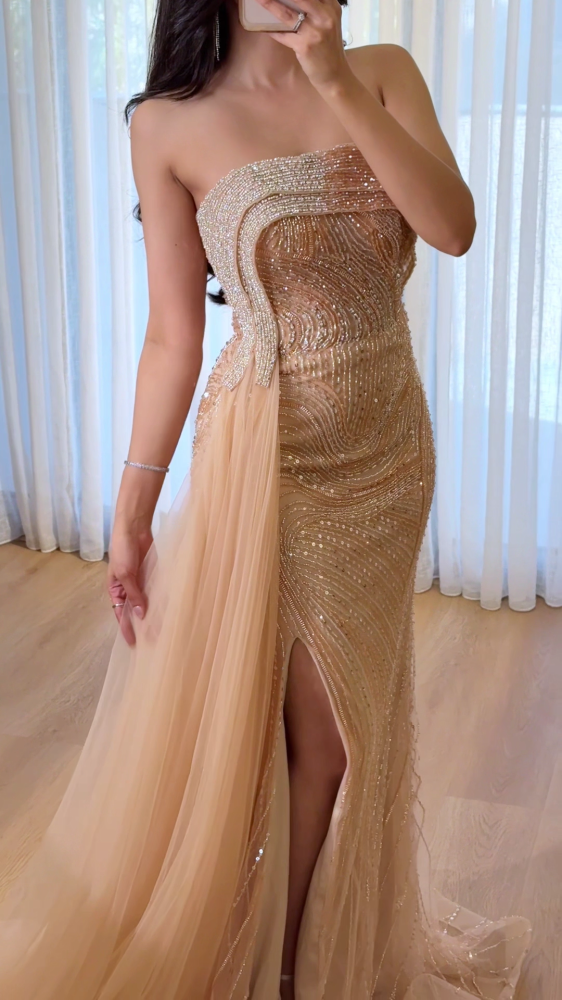 Beige-golden evening dress, fully studded