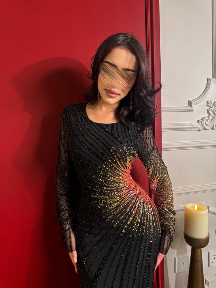 Long evening dress with geometric pattern