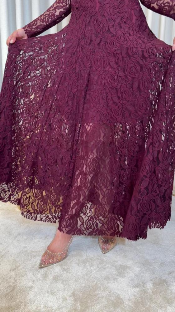 Long burgundy lace evening dress with sheer sleeves