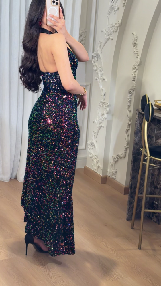 Evening dress studded with colorful sequins - halter design with a charming shine