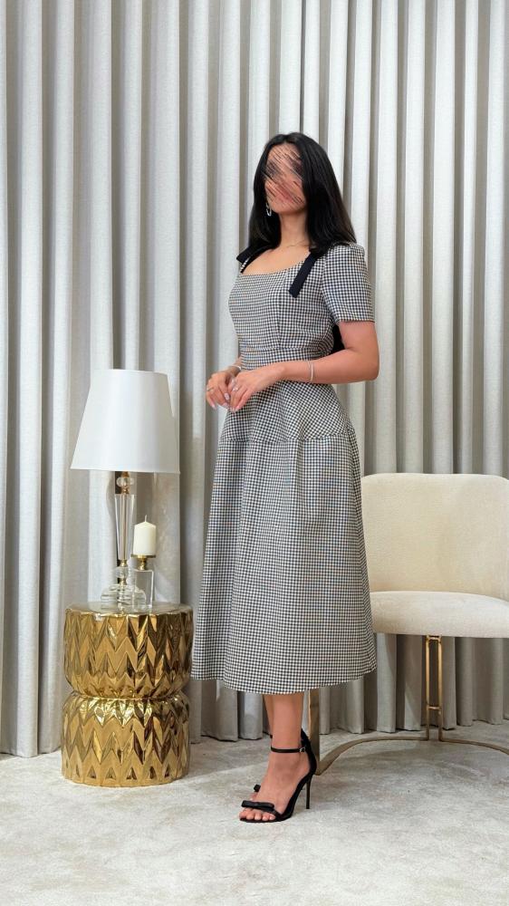 Checkered Dress with Black Shoulder Bows