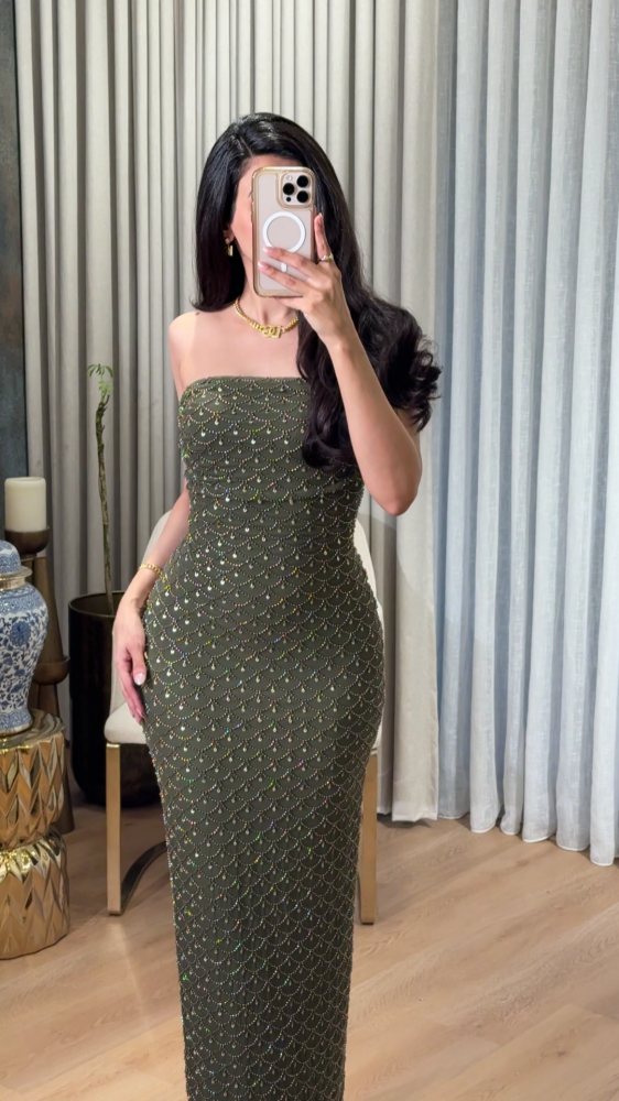 Luxurious olive green evening dress