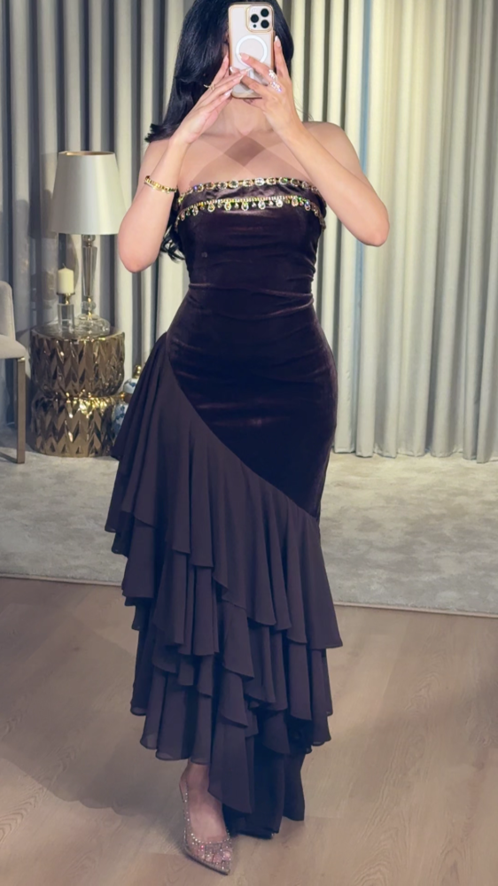 Velvet evening dress with chiffon overlay