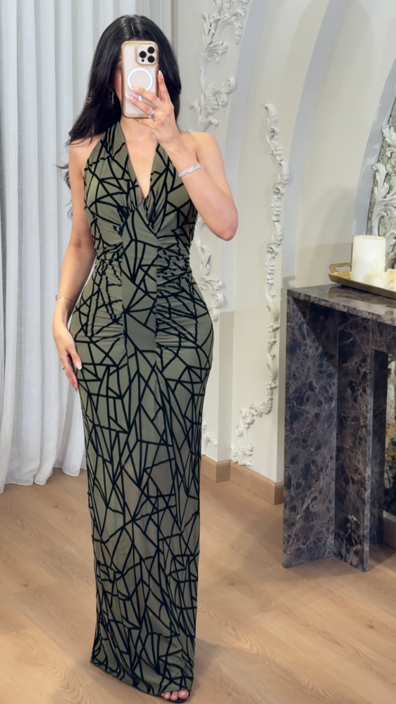 Long dress with a bold design in olive green