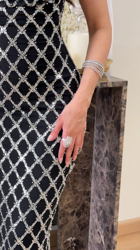 Silver top-check evening dress with interlocking stripes pattern