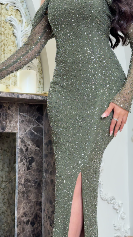 Olive green evening dress with open shoulders