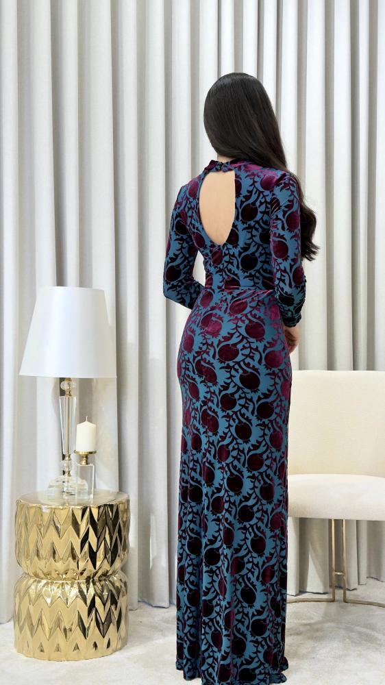 Turquoise Soft Tulle Dress with Burgundy Velvet Pomegranate Motifs