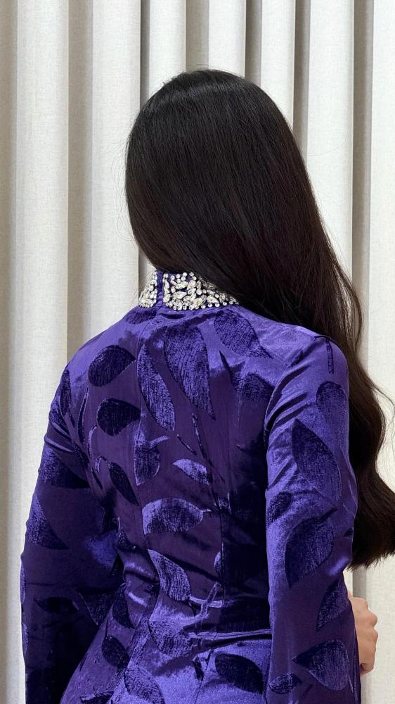 Royal Purple Velvet Dress with Crystal-Embellished Collar and Cuffs