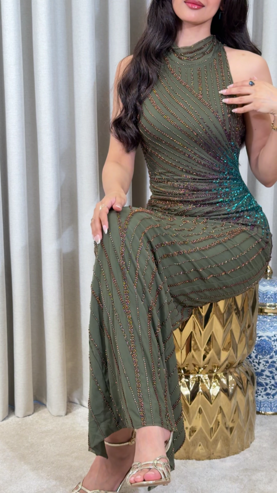 Olive green evening dress with turquoise overlay