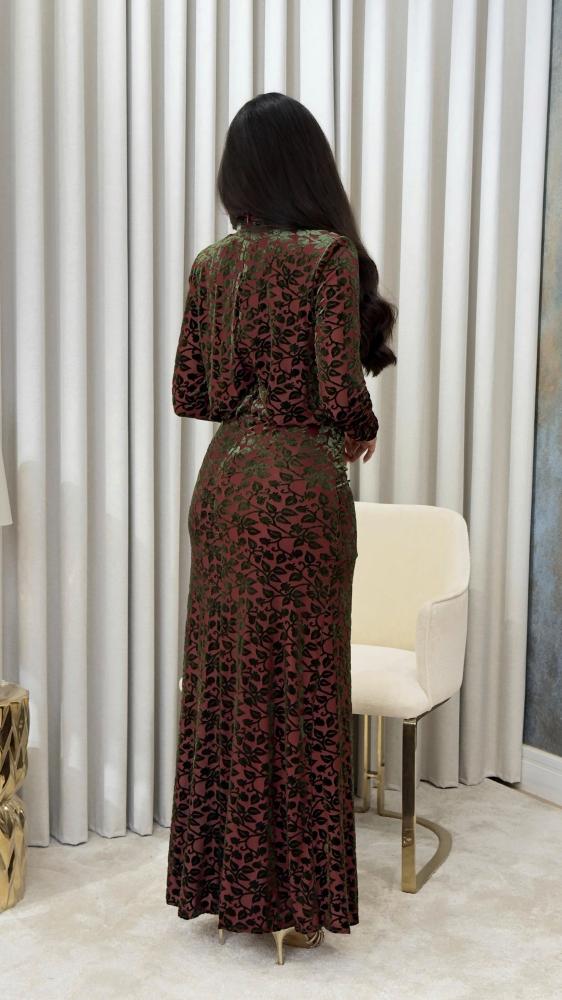 Terracotta Soft Tulle Dress with Emerald Green Velvet Flocked Pattern