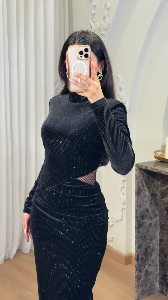 Black velvet evening dress decorated with small crystals