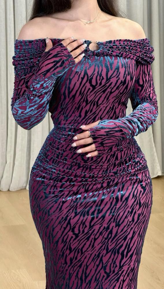 Fuchsia Soft Tulle Dress with Blue Velvet Zebra Flocking – Off-Shoulder Draped Evening Gown