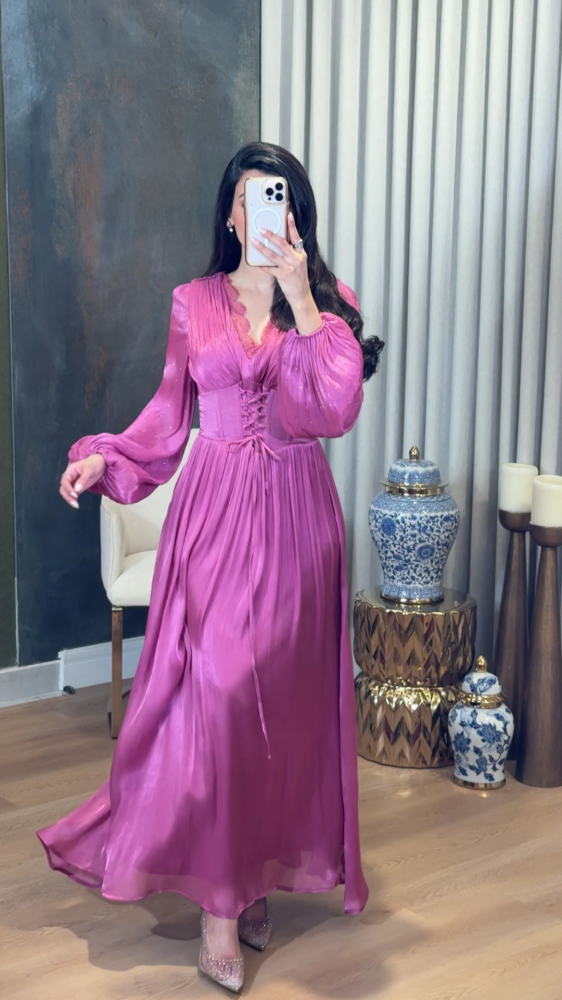 Elegant pink crochet evening dress