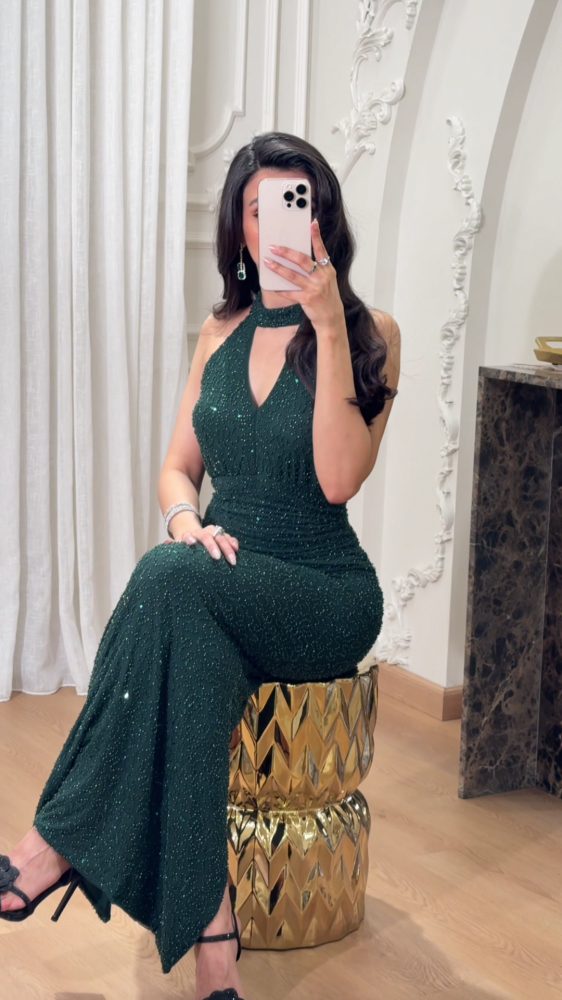 Olive long evening dress