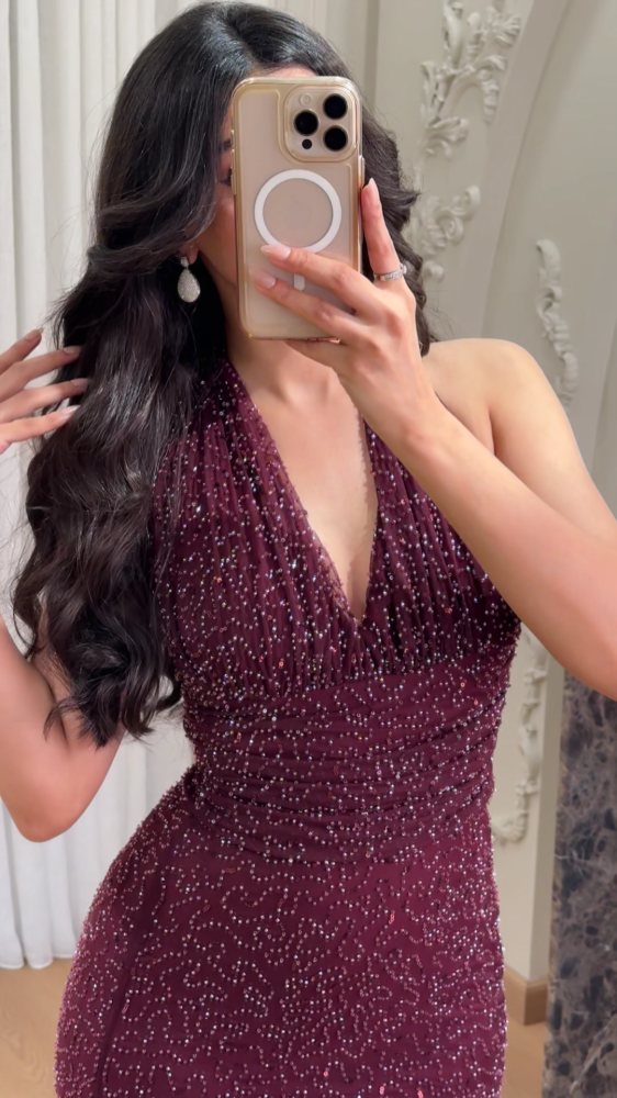 Burgundy wrap neck dress