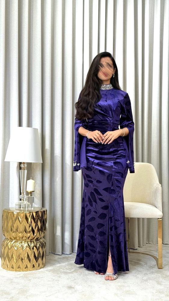 Royal Purple Velvet Dress with Crystal-Embellished Collar and Cuffs