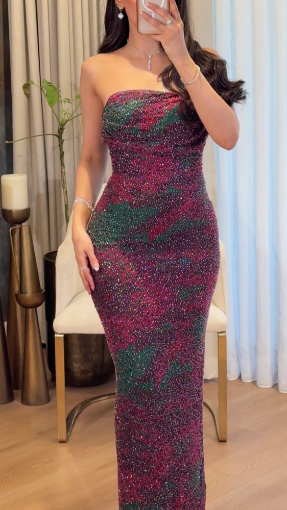 Burgundy and green corrugated top evening dress