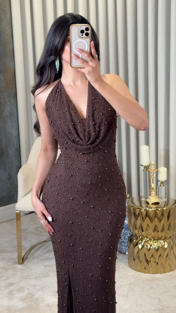Elegant evening dress in mocha color