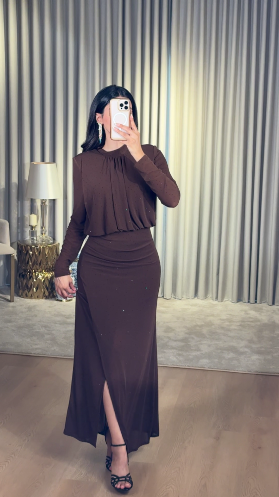 Dark mocha evening dress with scattered crystals