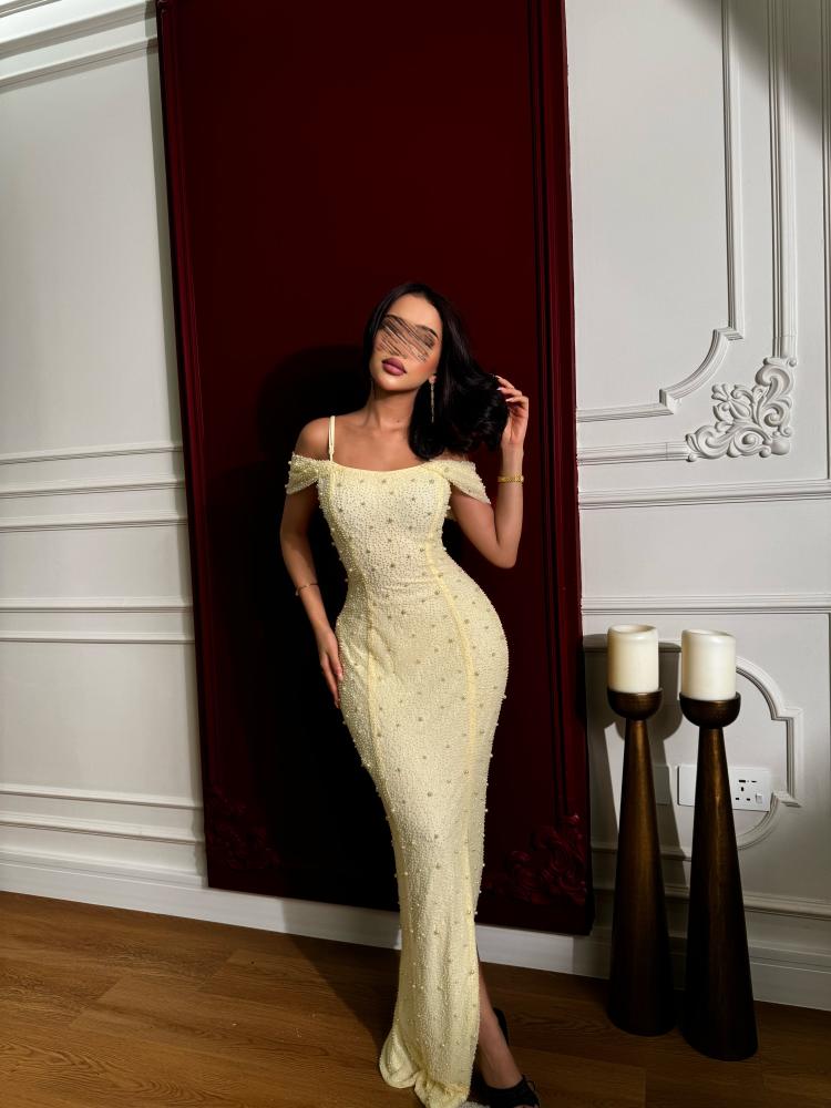 Yellow off-shoulder evening dress