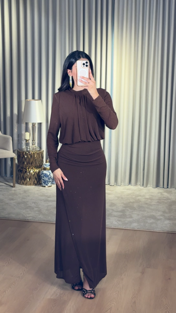 Dark mocha evening dress with scattered crystals