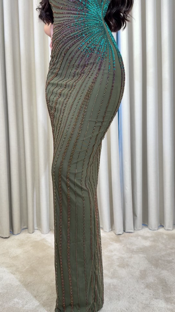 Olive green evening dress with turquoise overlay