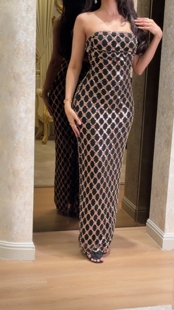 فستان سهرة توب شك برونزي بنمط خطوط متشابكة