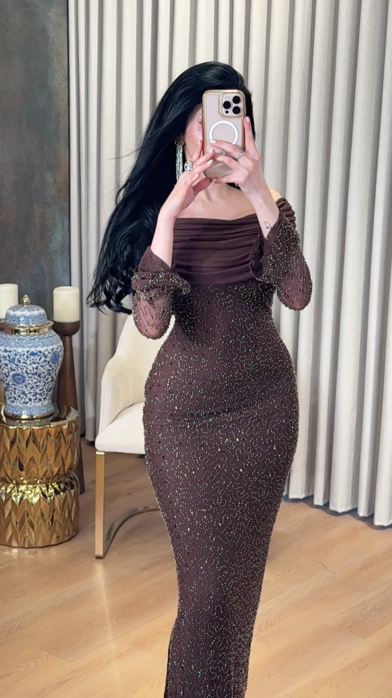 Mocha long evening dress decorated with tulle folds