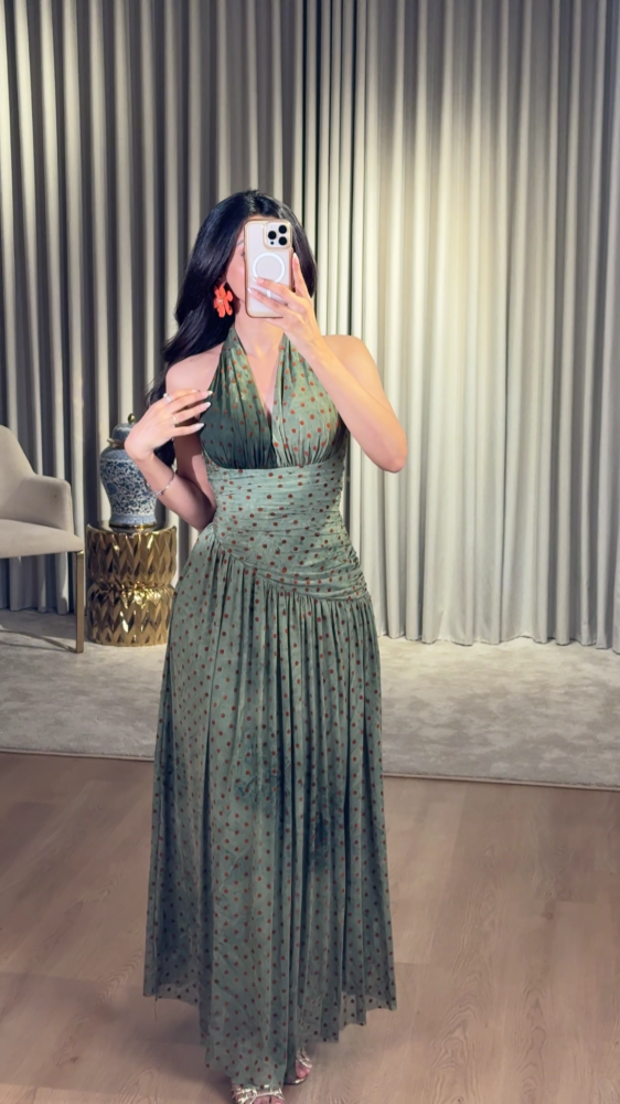 Velvet dress decorated with small copper dots