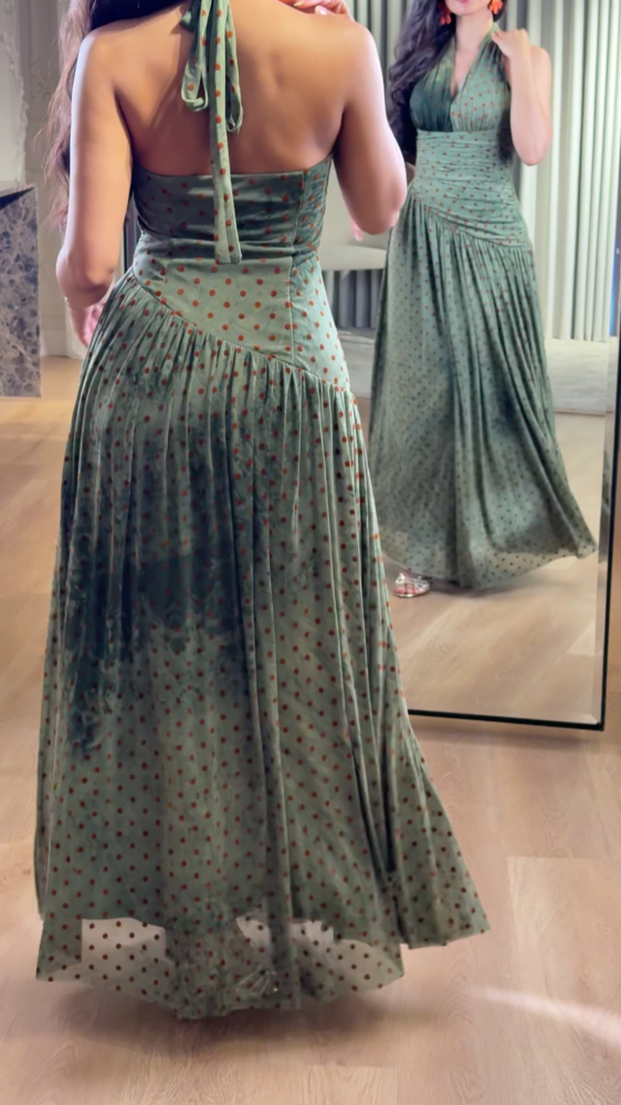 Velvet dress decorated with small copper dots