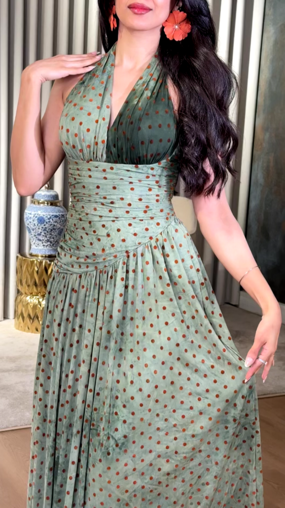 Velvet dress decorated with small copper dots