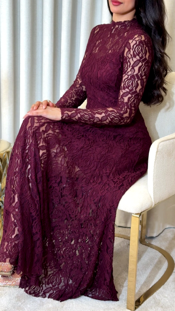 Long burgundy lace evening dress with sheer sleeves