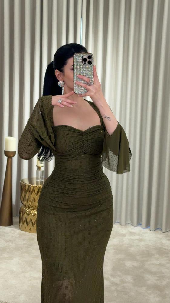 Olive green evening dress embellished with crystals