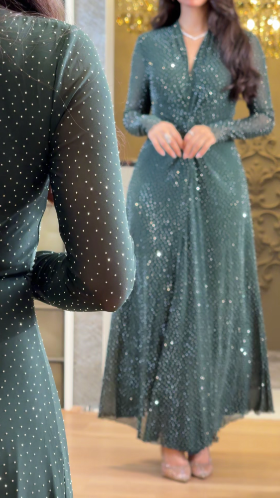 Soft olive tulle dress with scattered crystals