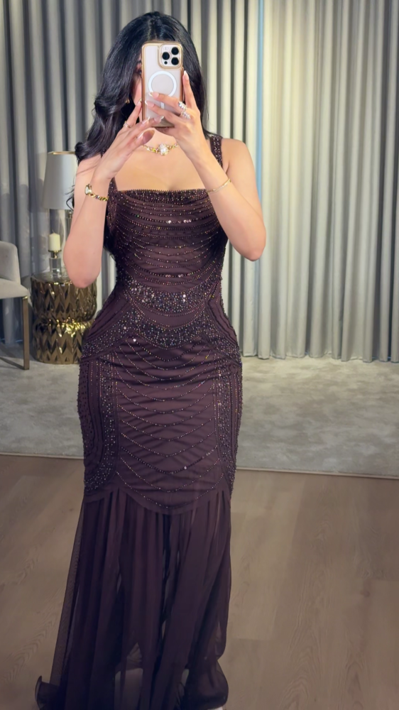 Mocha color evening dress with chiffon overlay