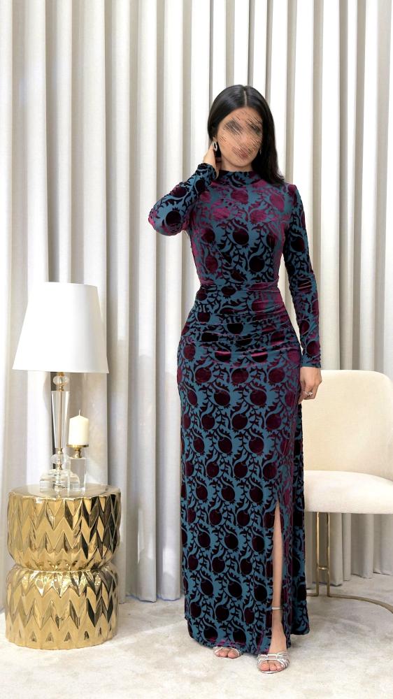 Turquoise Soft Tulle Dress with Burgundy Velvet Pomegranate Motifs