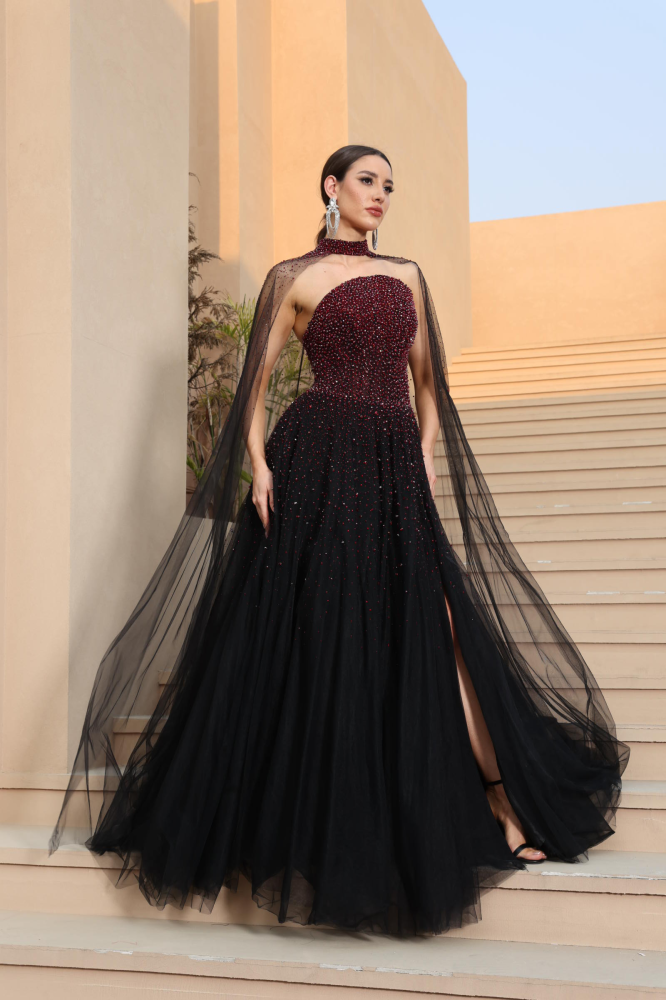 Luxurious burgundy evening dress