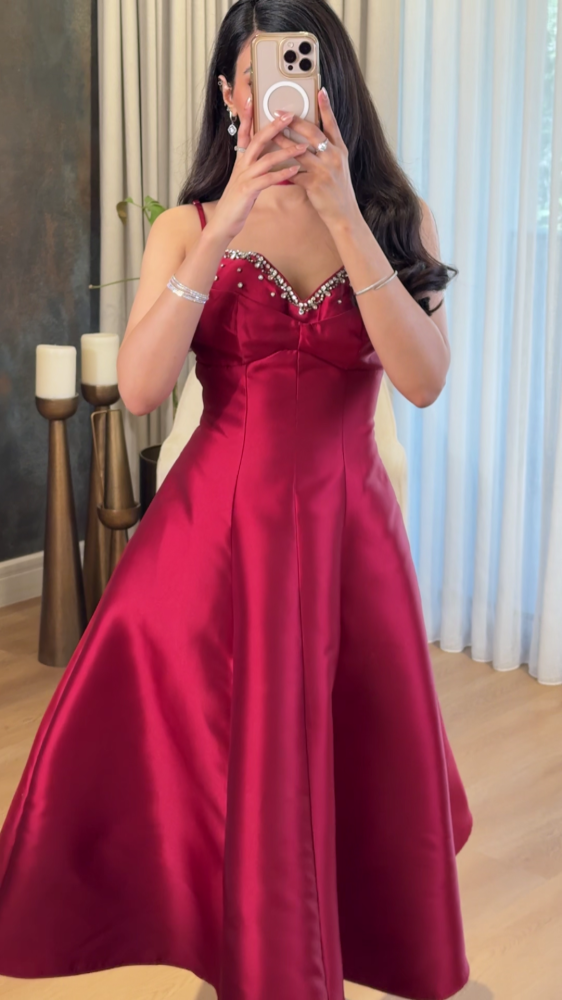 Red dress with luxurious pearl and crystal studs