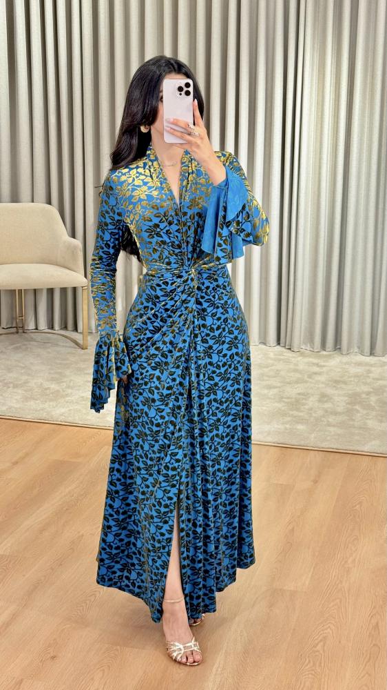 Turquoise Soft Tulle Dress with Golden Velvet Pattern