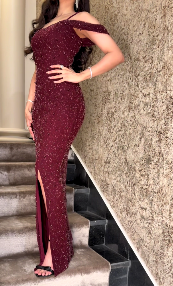 Off-shoulder burgundy evening dress